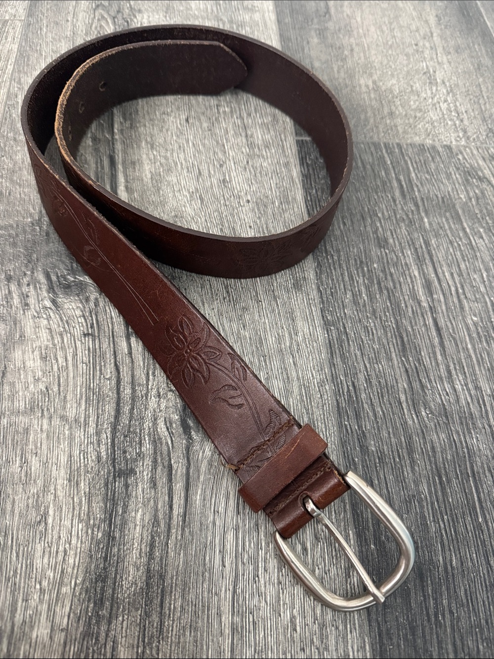 Brown Embossed Flower Leather Belt with Silver Buckle